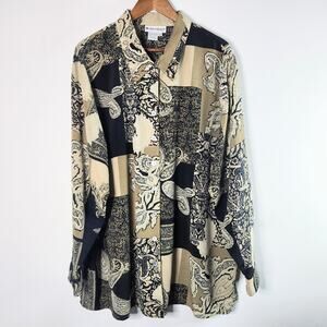 Vintage Dressbarn Womens Brown Black Paisley Patchwork Button Up Blouse Size 3X